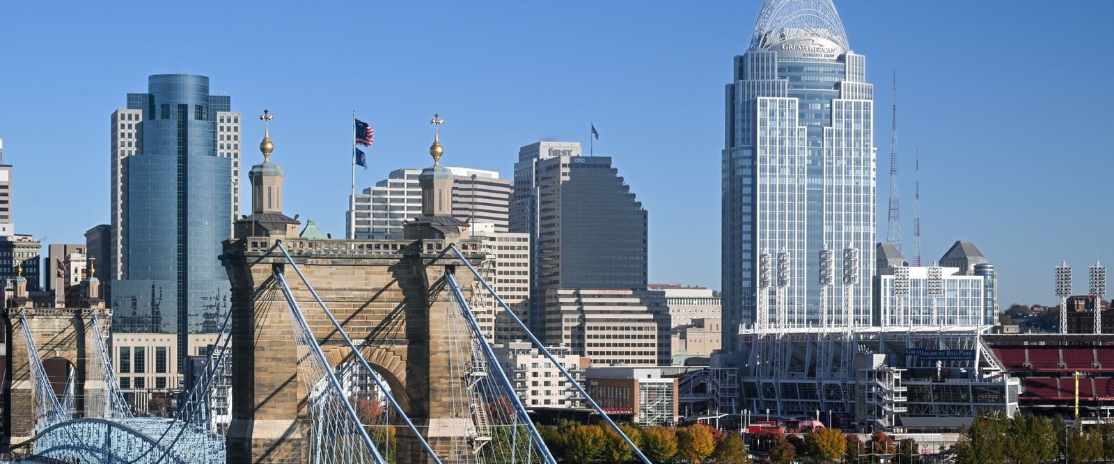 Cincinnati skyline and the Roebling Suspension Bridge over the Ohio River